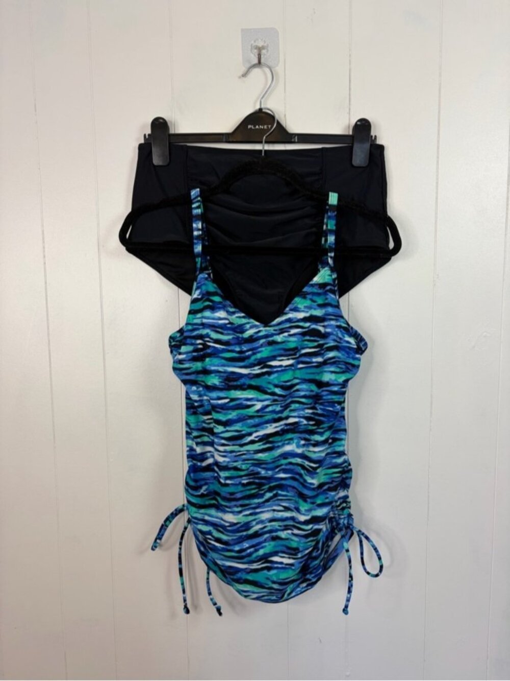 Christina Tankini Blue Swimsuit Top Black High Rise Full Coverage Bottom 10 12